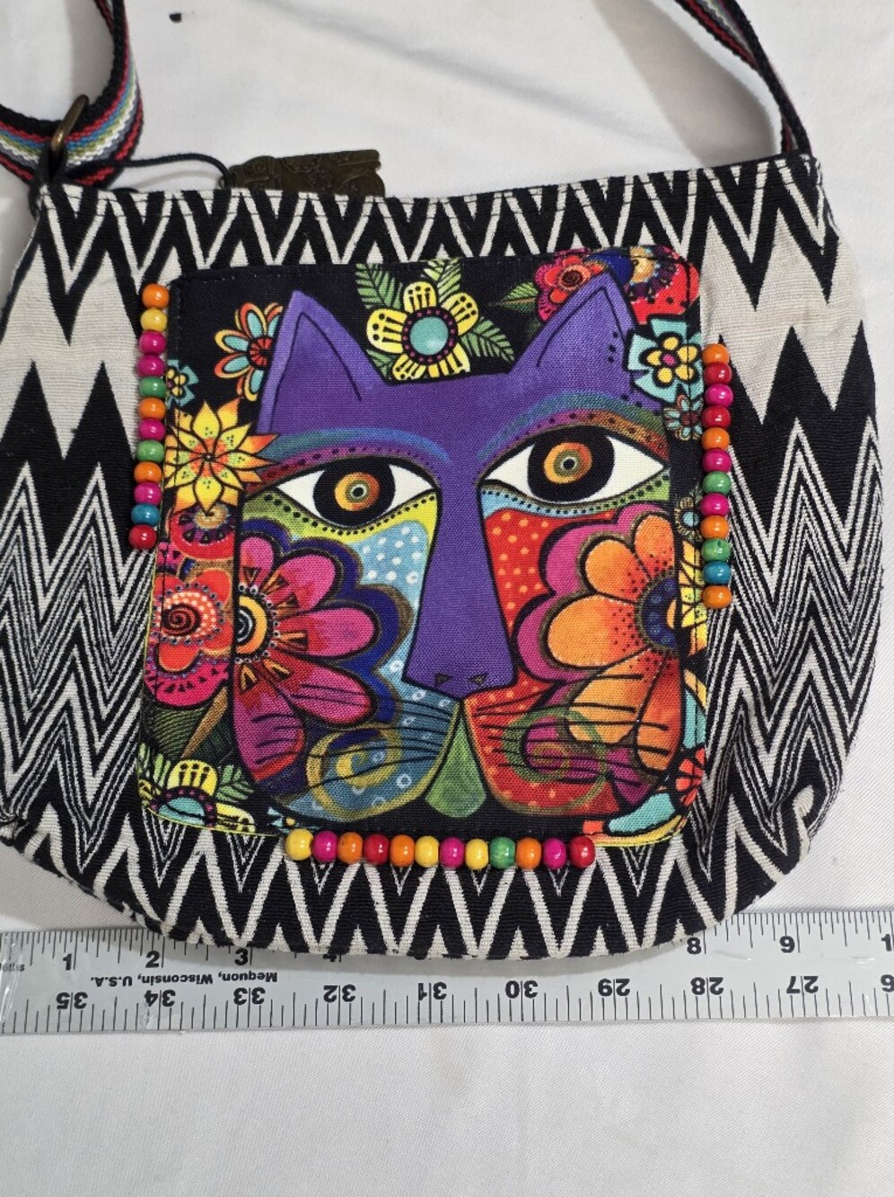 Laurel Burch Blossoming Feline Canvas Tote Artwork Crossbody Bag - Picture 4 of 7